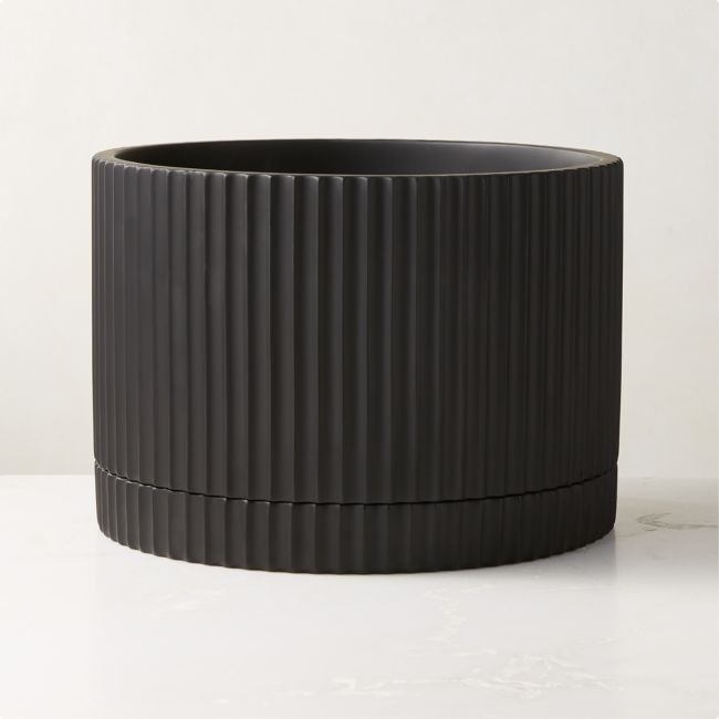 Fold Black Cement Indoor Planter with Tray Large - Image 0