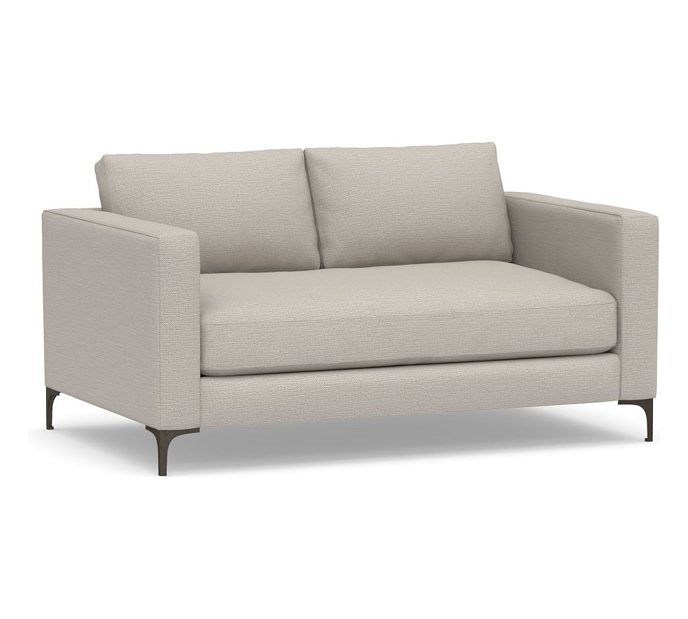 Jake Upholstered Apartment Sofa 2x1 63.5" with Bronze Legs, Standard Cushions, Chunky Basketweave Stone - Image 0