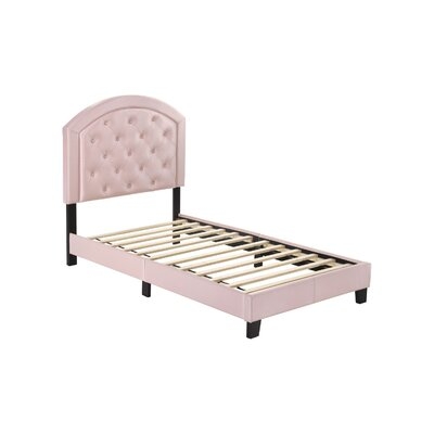 Twin Platform Bed With Curved Button Tufted Headboard, Pink - Image 0