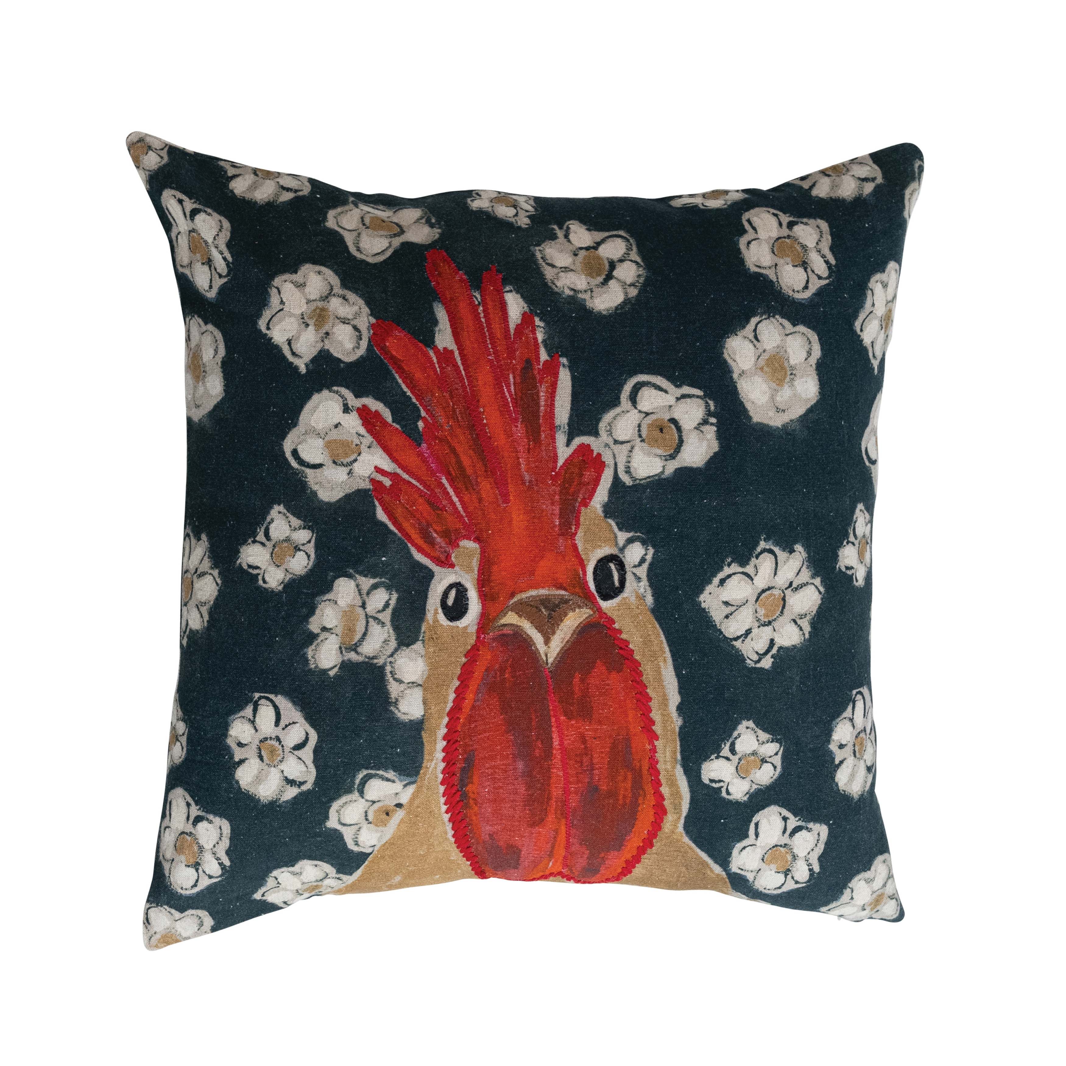 Cotton Blend Printed Pillow with Rooster Image and Embroidery, Multicolor - Image 0