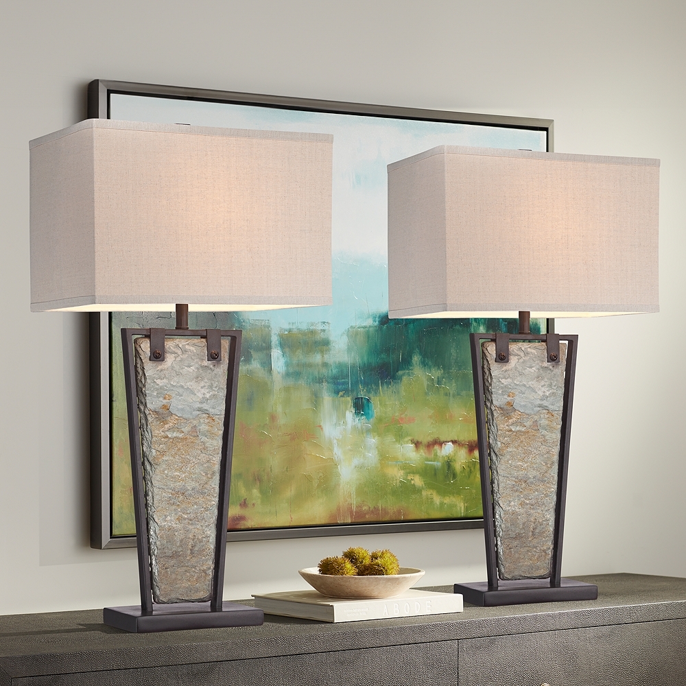 Franklin Iron Works Zion 30" Slate and Bronze Table Lamps Set of 2 - Image 0