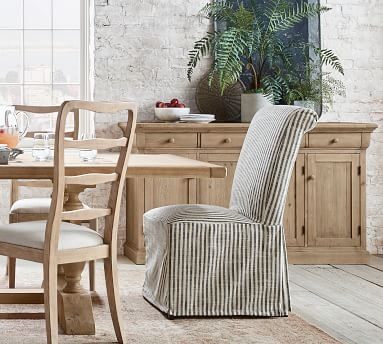 PB Comfort Roll Long Slipcovered Dining Side Chair, Espresso Frame, Antique Stripe Blue - Image 4