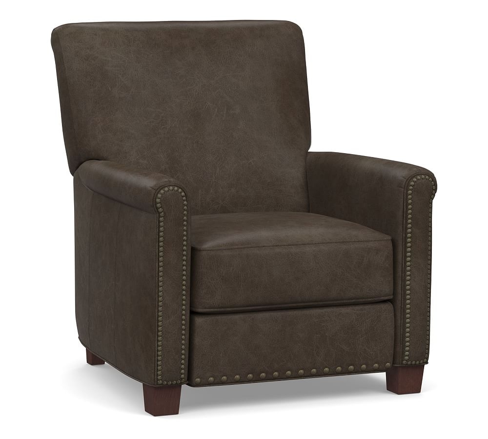 Irving Roll Arm Leather Power Recliner, Bronze Nailheads, Polyester Wrapped Cushions, Statesville Wolf Gray - Image 0