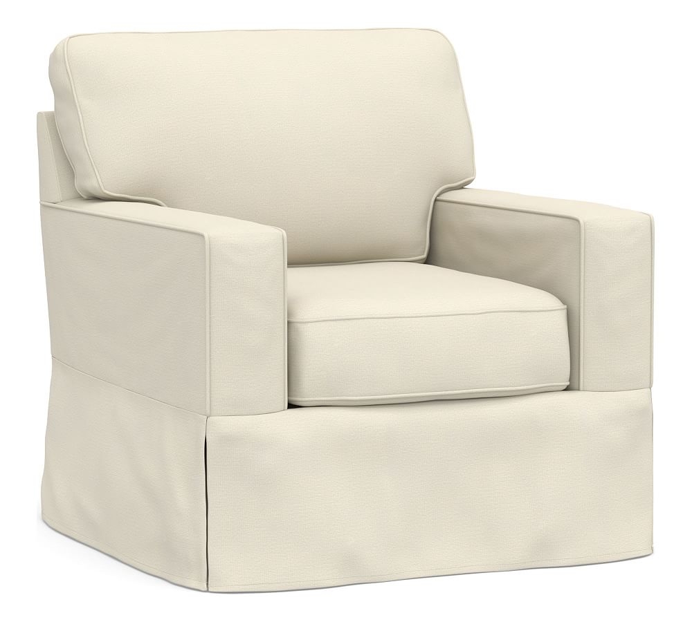 Buchanan Square Arm Slipcovered Swivel Armchair, Polyester Wrapped Cushions, Park Weave Ivory - Image 0