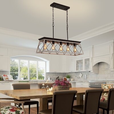 5- Lights Industrial  Chandelie For Dining Room Kitchen Island,Wrought Iron,ORB+Oak White E26 - Image 0