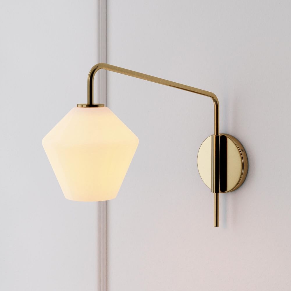 Sculptural Adjustable Sconce, Portable Convertible, Geo Small, Milk, Antique Brass, 7.5" - Image 0