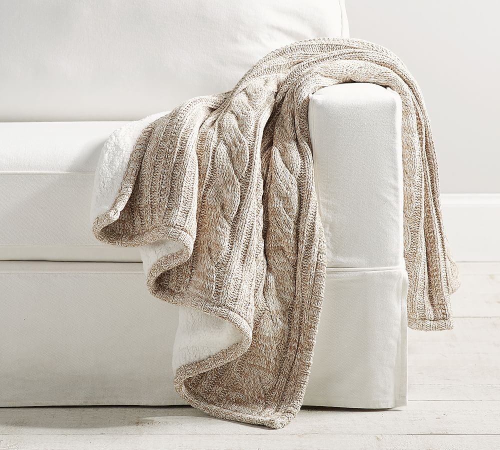 Heathered Cable Knit Sherpa Back Throw, 50 x 60", Neutral - Image 0