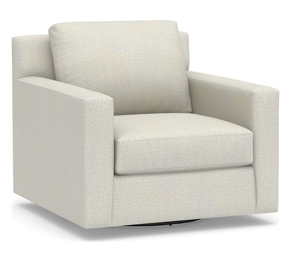 York Square Arm Upholstered Swivel Armchair, Down Blend Wrapped Cushions, Performance Heathered Basketweave Dove - Image 0