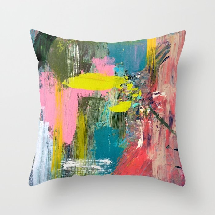 Collision - A Bright Abstract With Pinks, Greens, Blues, And Yellow Throw Pillow by Alyssa Hamilton Art - Cover (18" x 18") With Pillow Insert - Outdoor Pillow - Image 0