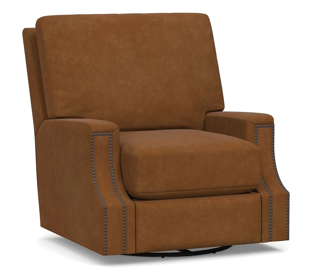James Square Arm Leather Swivel Armchair, Down Blend Wrapped Cushions, Nubuck Chimney - Image 0