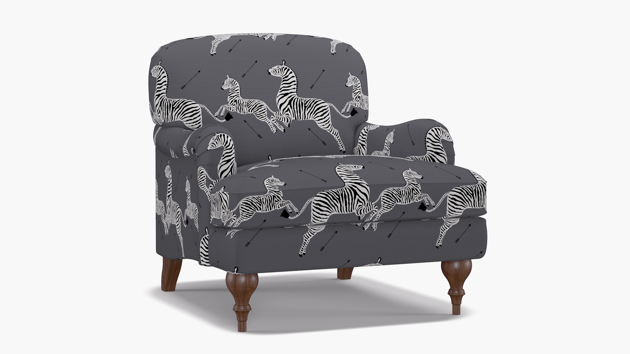 English Roll Arm Chair, Slate Zebra, Walnut Turned Wood Leg - Image 1