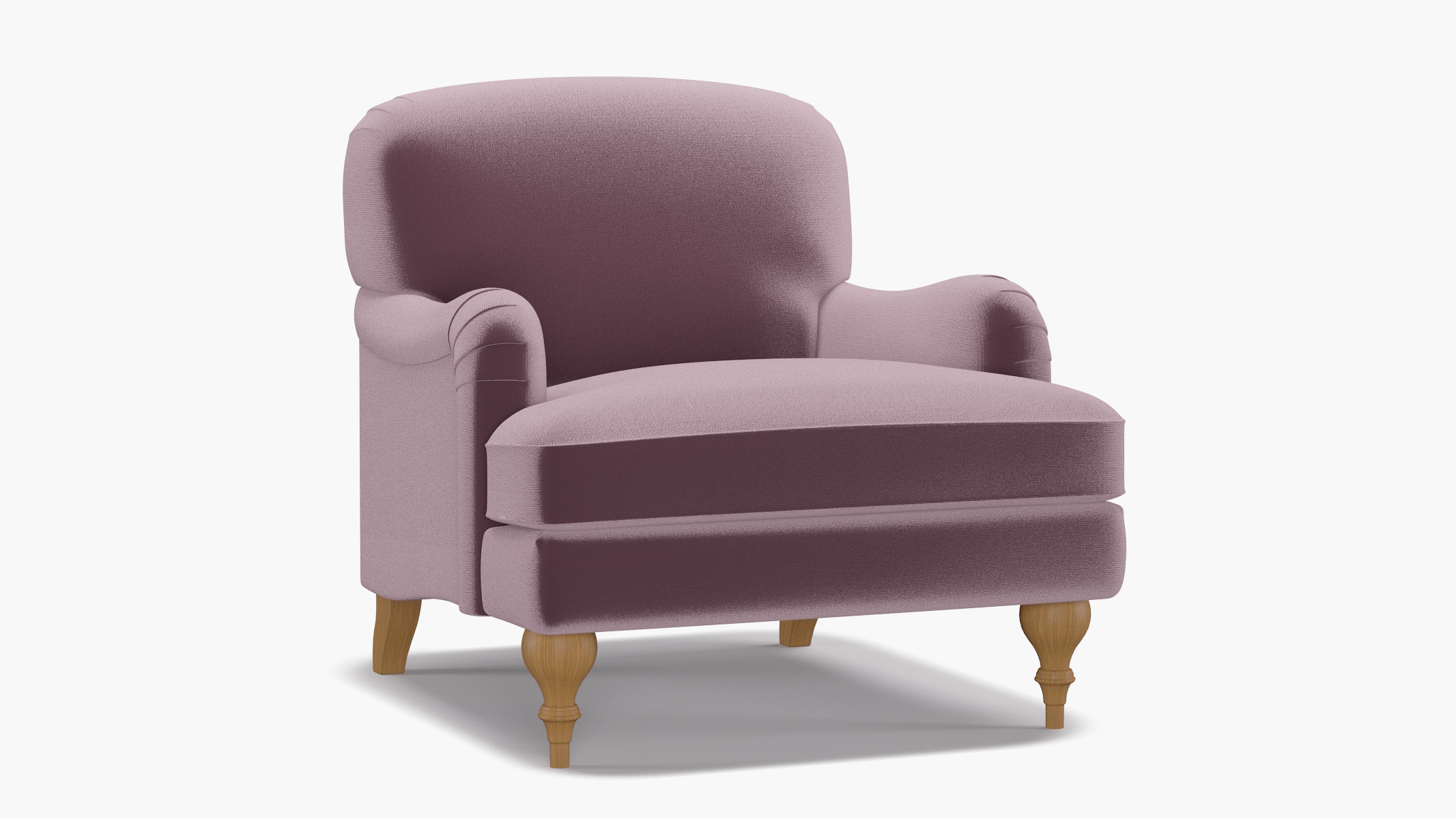English Roll Arm Chair, Lavender Performance Plush Velvet, Natural Turned Wood Leg - Image 1