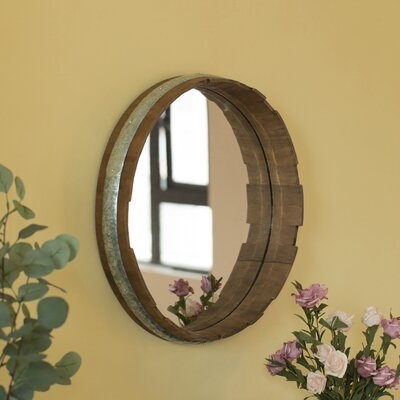 Round Rustic Wood And Galvanized Metal Framed Wine Barrel Shaped Wall Mirror - Image 0