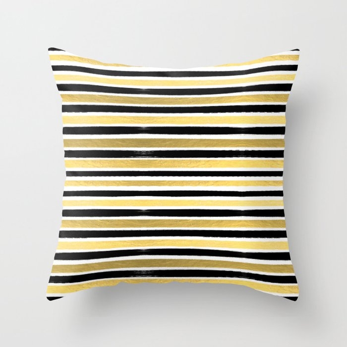 Black And White Gold Stripes Modern Brushstrokes Minimal Art Print Abstract Painting Gold Foil Throw Pillow by Charlottewinter - Cover (16" x 16") With Pillow Insert - Outdoor Pillow - Image 0