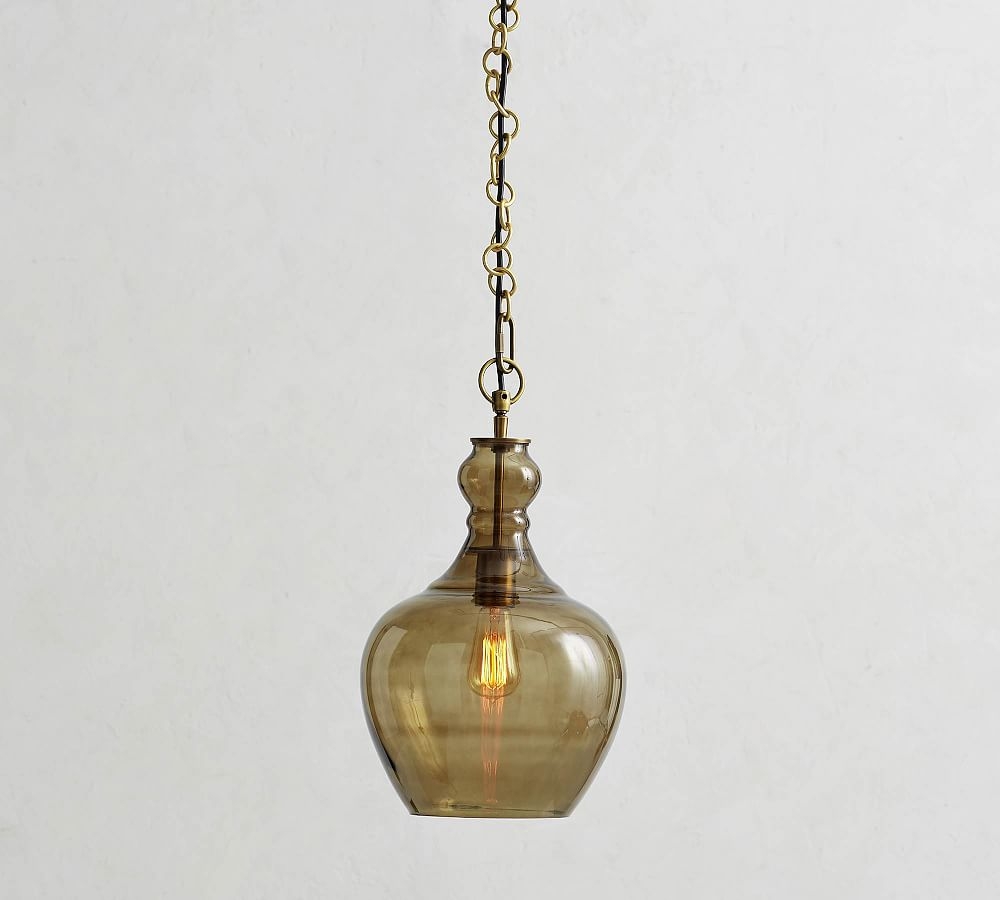 Flynn Recycled Glass Pendant, Small 11.5" Diameter, Antique Brass &amp; Amber Glass - Image 0