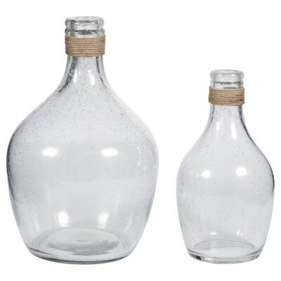 Vase With Bottleneck And Rope Accent, Set Of 2, Clear - Image 0
