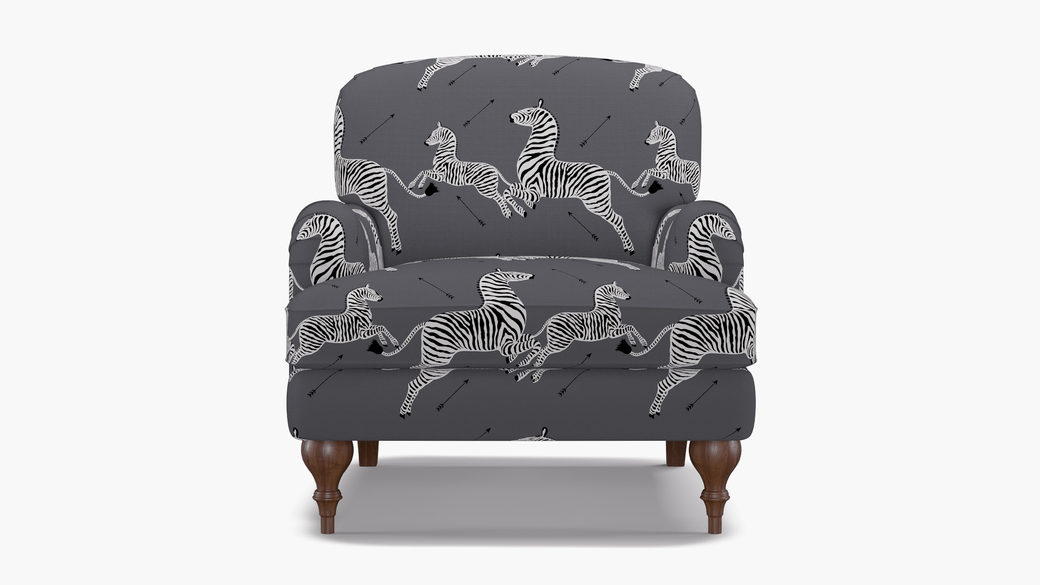 English Roll Arm Chair, Slate Zebra, Walnut Turned Wood Leg - Image 0