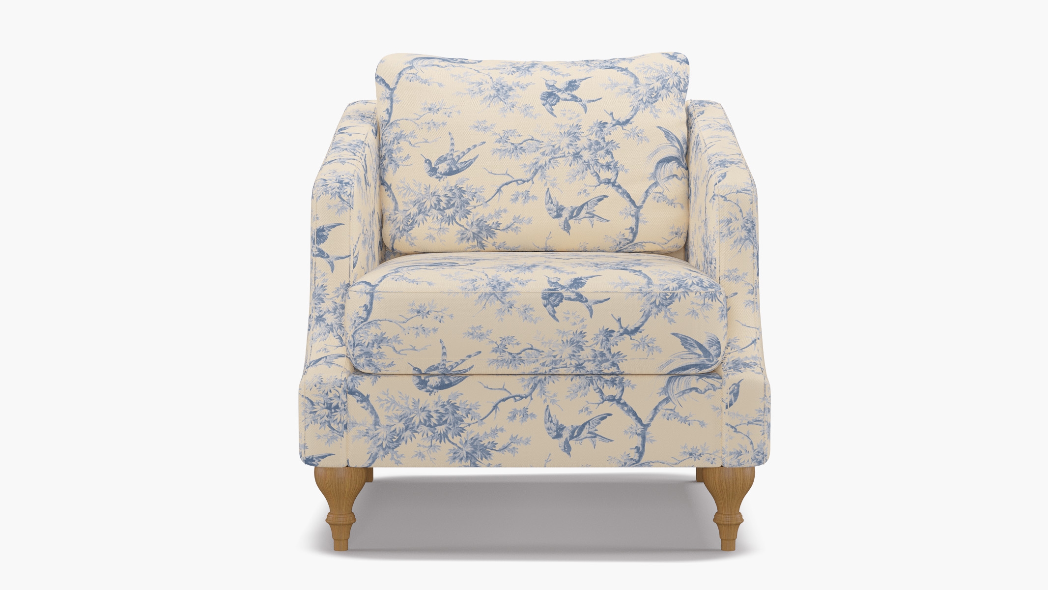 Slope Arm Chair, Blue Swallows, Natural Turned Wood Leg - Image 0