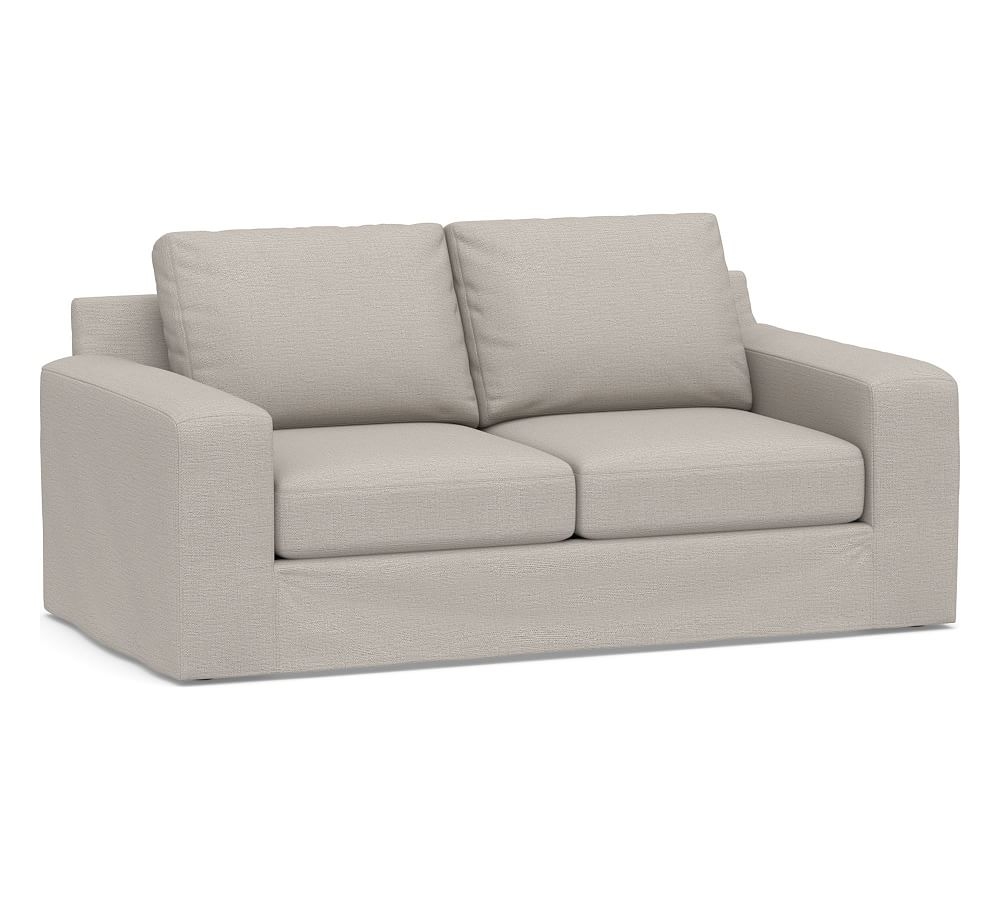 Big Sur Square Arm Slipcovered Loveseat 76", Down Blend Wrapped Cushions, Chunky Basketweave Stone - Image 0