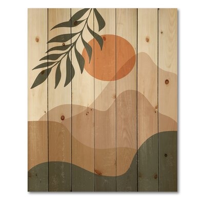 Abstract Red Moon In Earth Toned Mountains I - Modern Print On Natural Pine Wood - Image 0