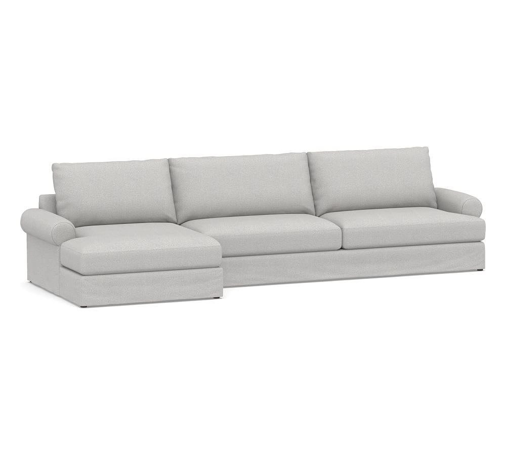 Canyon Roll Arm Slipcovered Right Arm Sofa with Double Chaise Sectional, Down Blend Wrapped Cushions, Park Weave Ash - Image 0