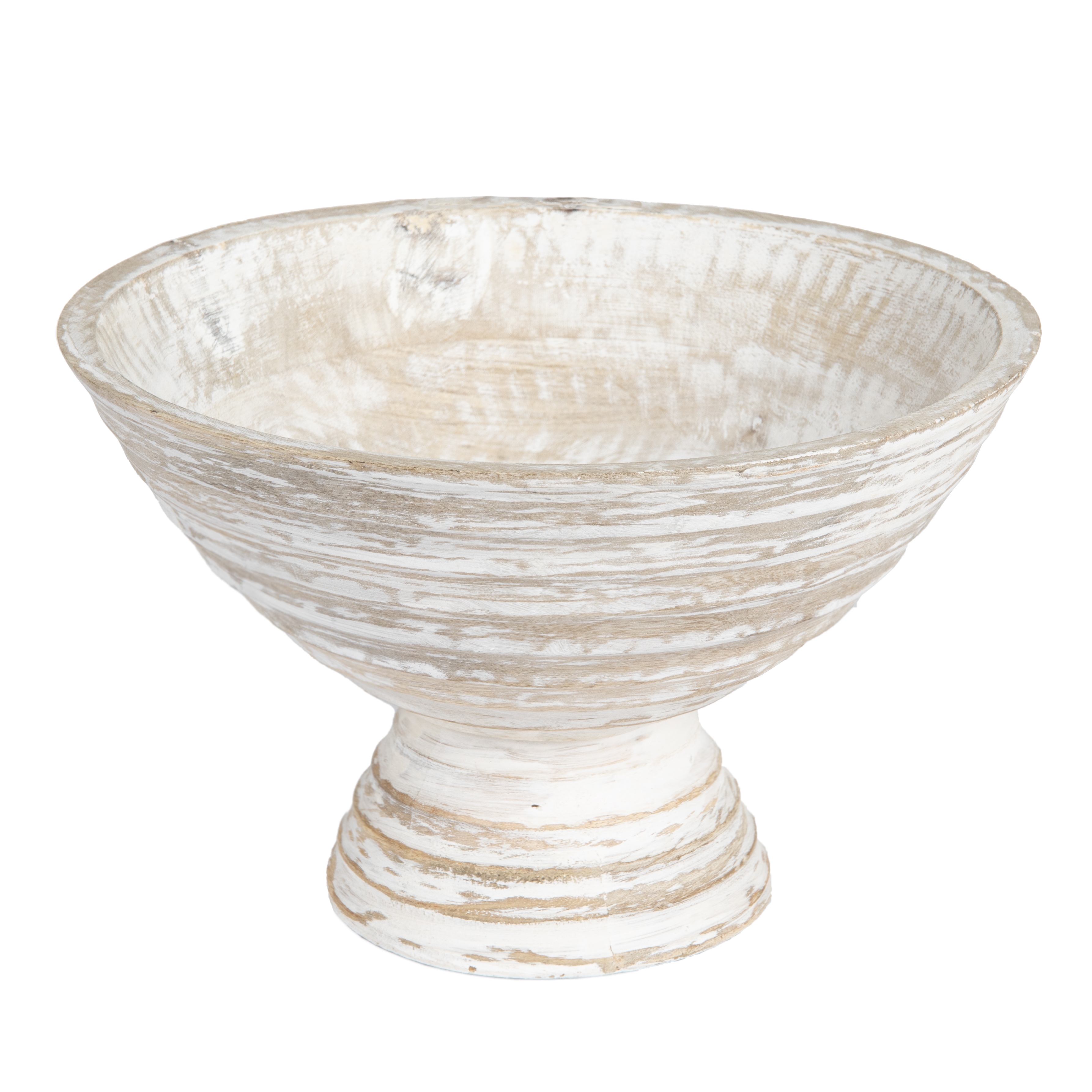 Boho Wood Pedestal Serving Bowl, White Wash Finish - Image 0