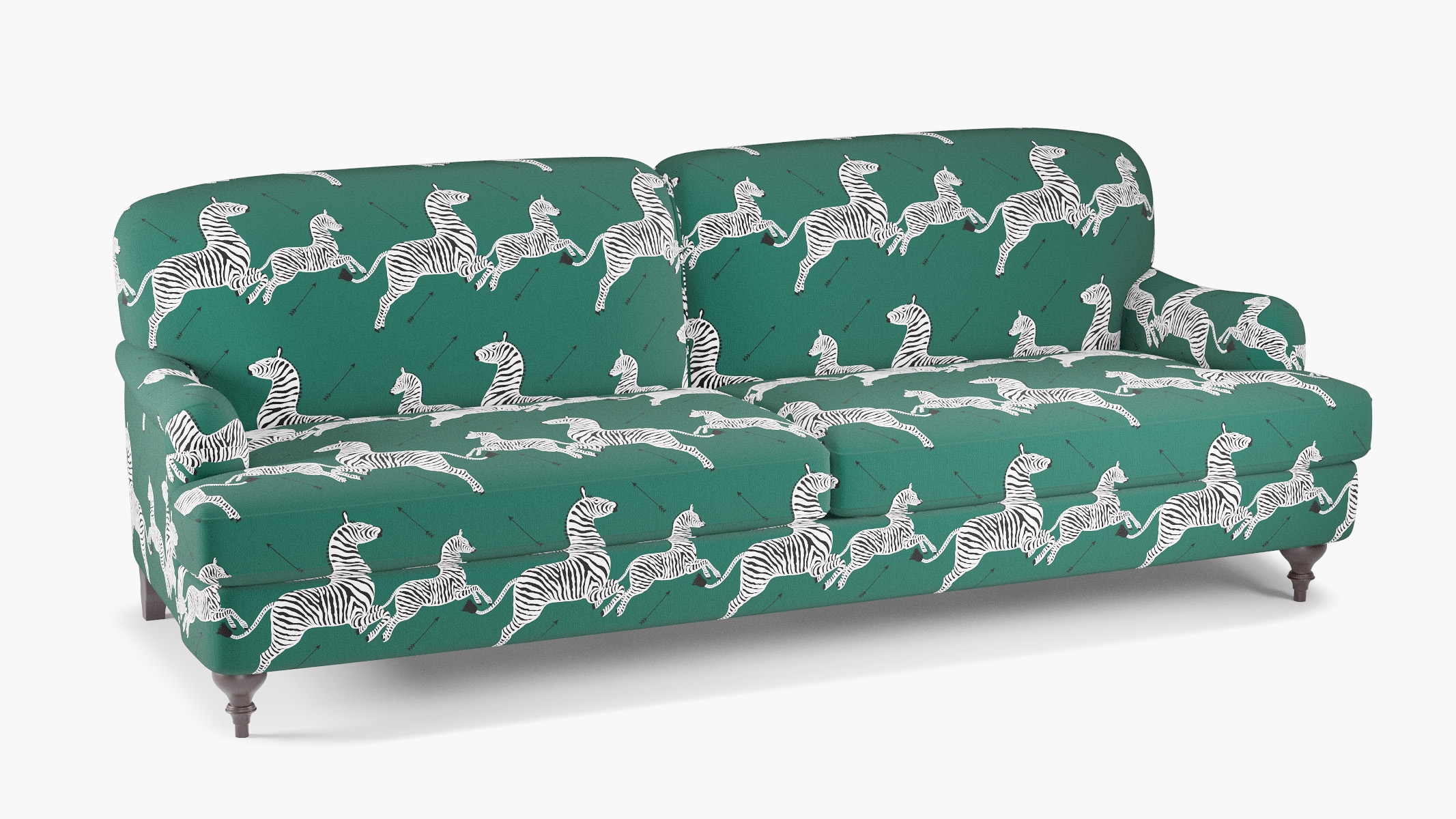 English Roll Arm Sofa, Emerald Zebra, Espresso Turned Wood Leg - Image 1