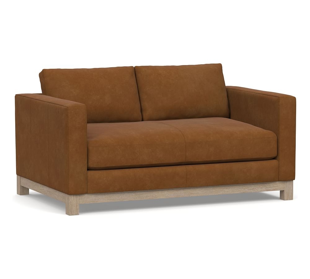 Jake Leather Apartment Sofa 63" with Wood Legs, Down Blend Wrapped Cushions, Nubuck Caramel - Image 0