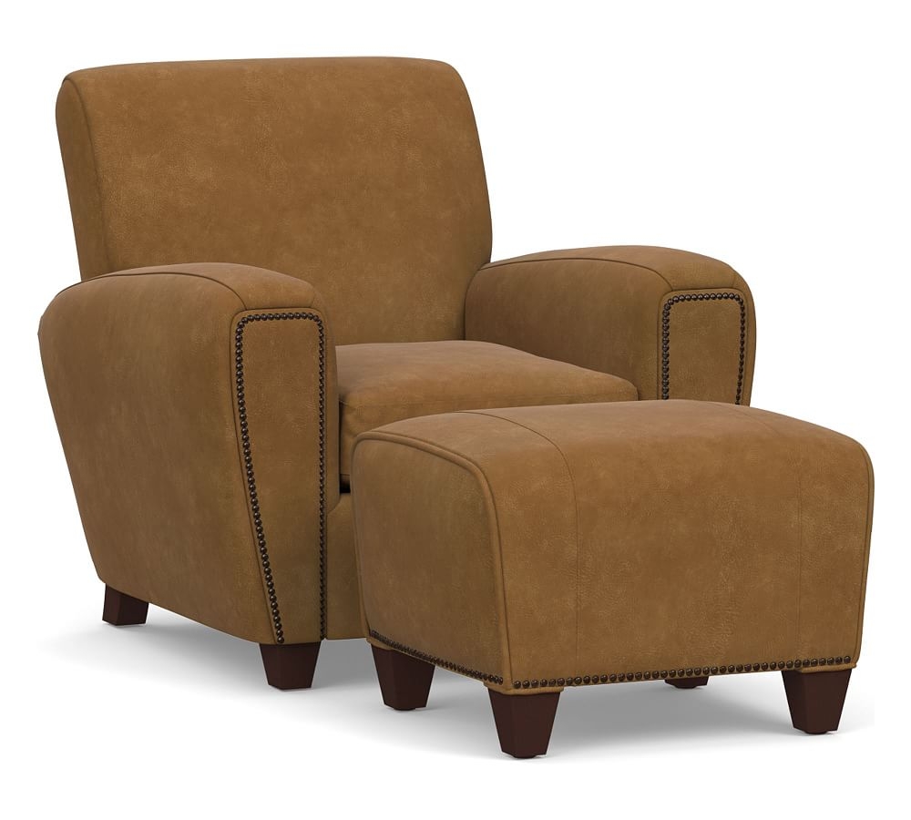 Manhattan Square Arm Leather Armchair & Ottoman with Bronze Nailheads, Polyester Wrapped Cushions, Nubuck Camel - Image 0