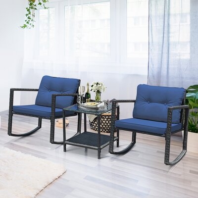 Wrought Studio™ 3pcs Patio Rattan Furniture Set Rocking Chairs Cushioned Sofa Navy - Image 0