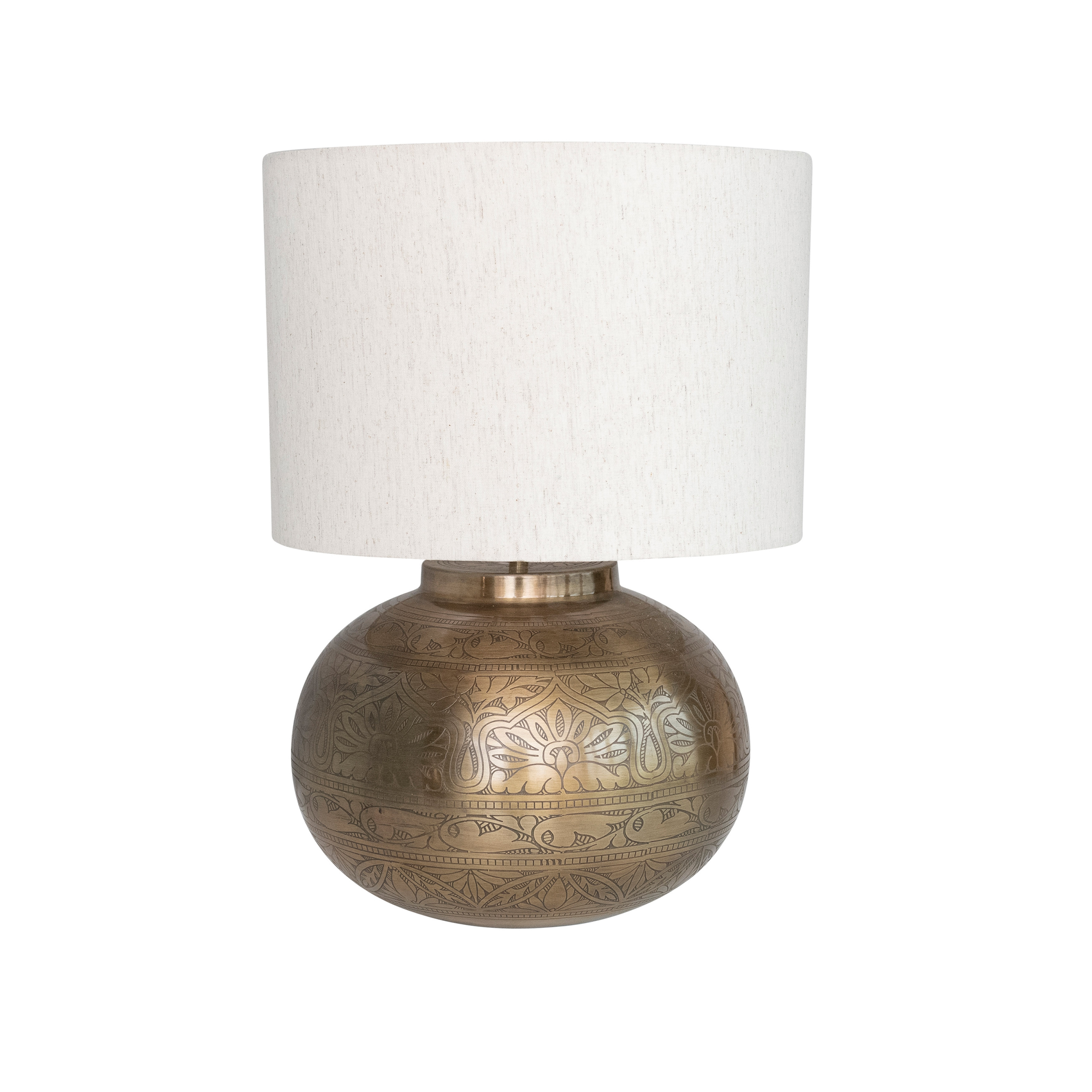 14 Inches Round Etched Metal Table Lamp with Cotton Shade and Inline Switch for 40 Watts Bulb Maximum, Antique Brass Finish - Image 0