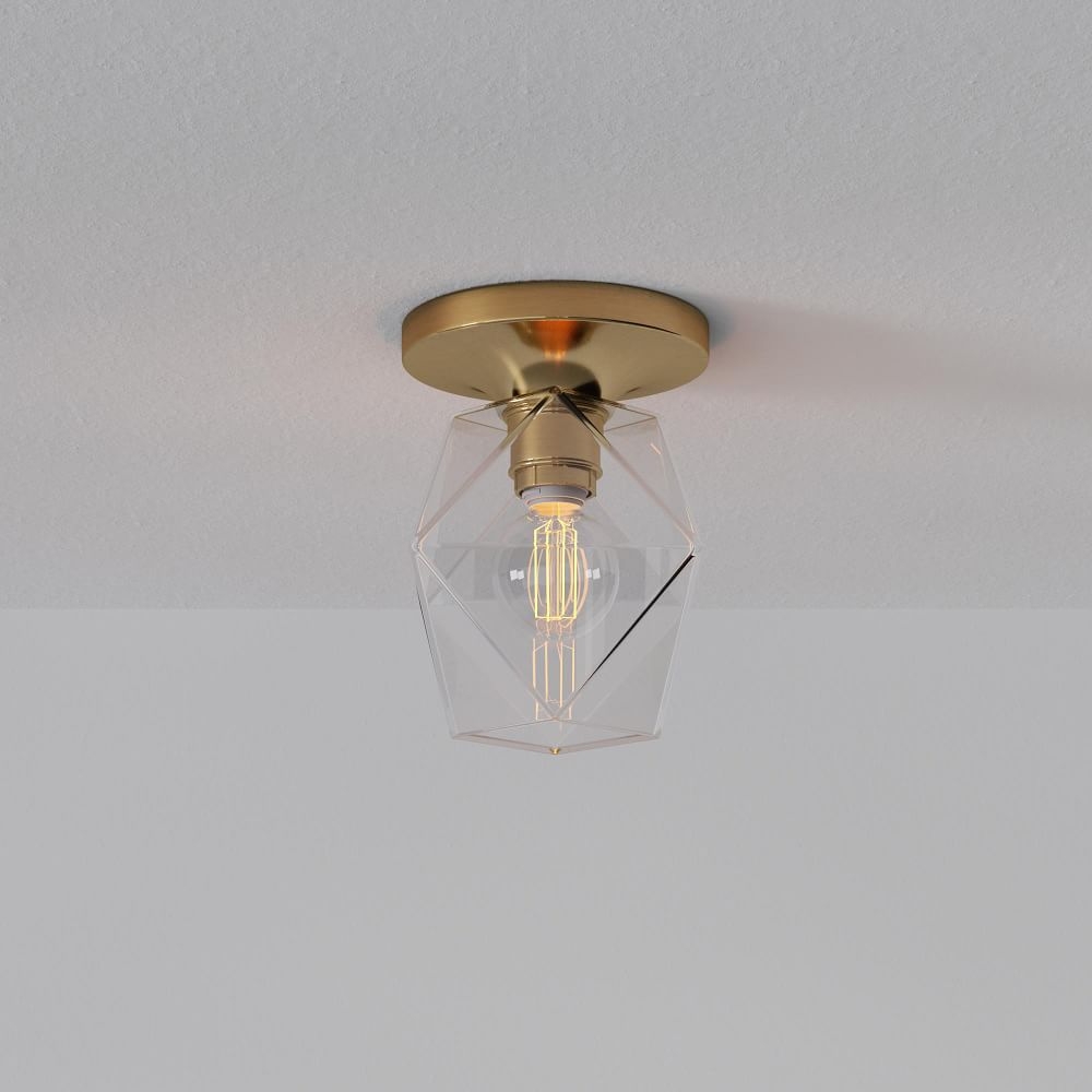Sculptural Flushmount, Faceted Mini, Clear, Antique Brass, 4" - Image 0