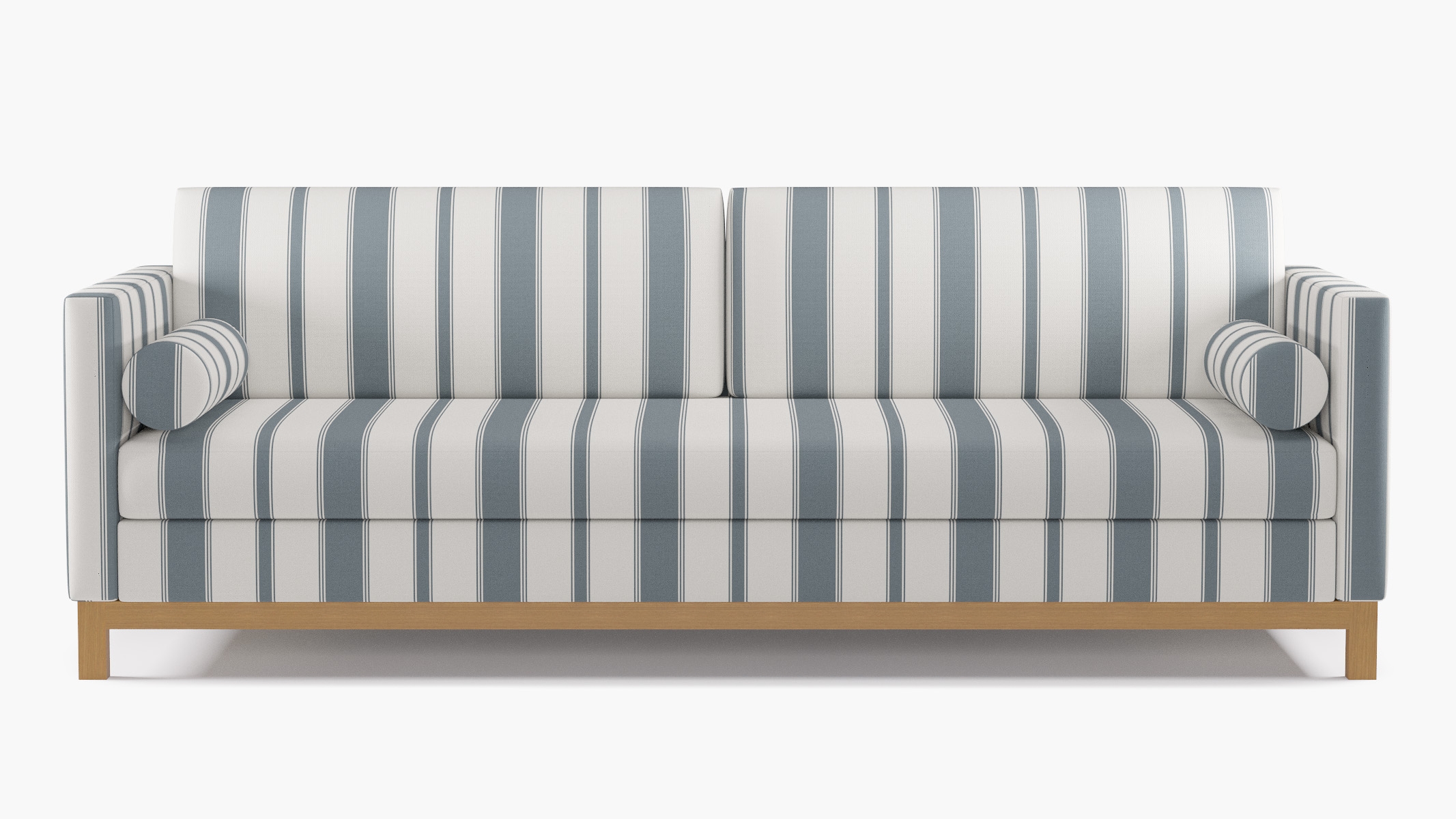 Tailored Tuxedo Sofa, French Blue Clarence Stripe, Natural Wood Rail - Image 0