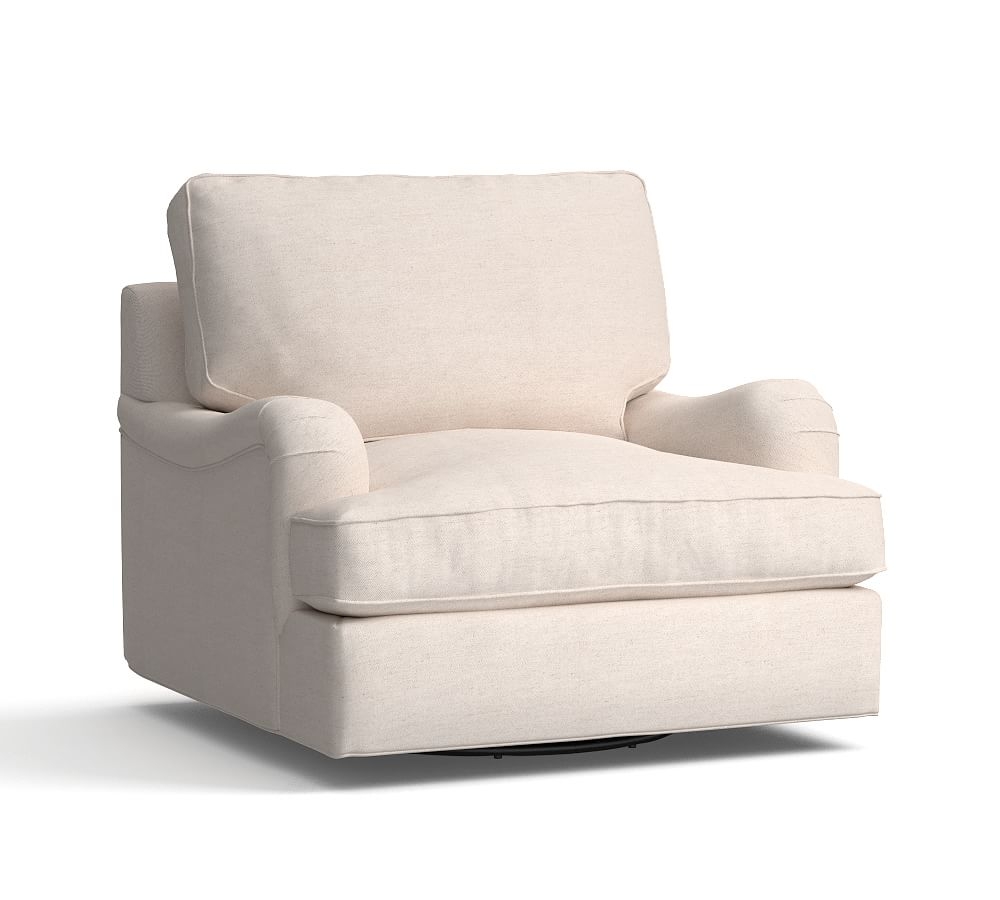 PB English Upholstered Swivel Armchair, Down Blend Wrapped Cushions, Park Weave Ash - Image 0