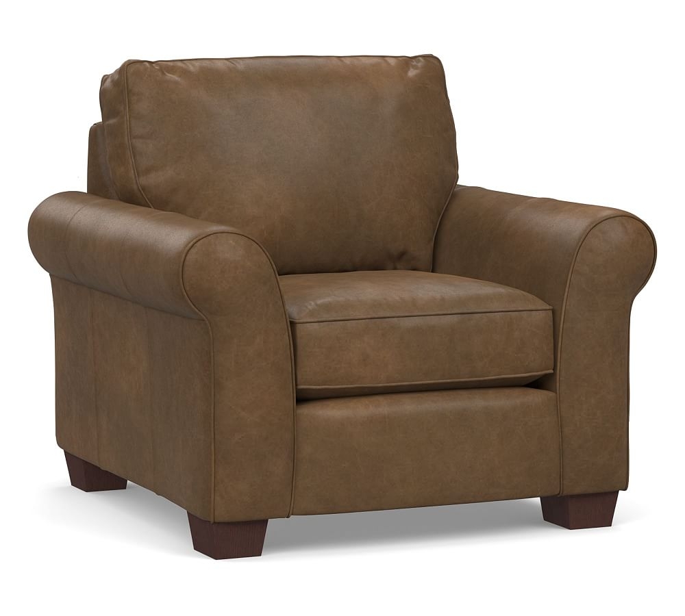 Pb Comfort Roll Arm Leather Armchair, Polyester Wrapped Cushions, Churchfield Chocolate - Image 0