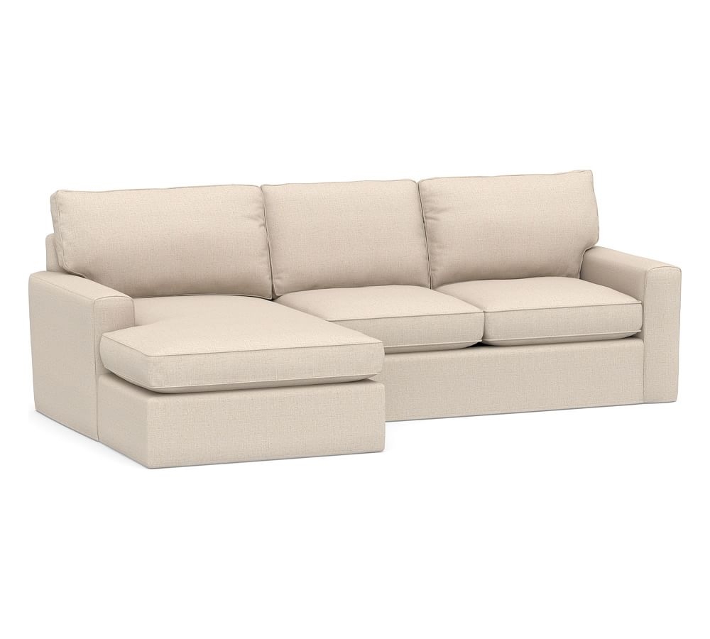 Pearce Square Arm Slipcovered Right Arm Loveseat with Wide Chaise Sectional, Down Blend Wrapped Cushions, Performance Everydaylinen(TM) Oatmeal - Image 0