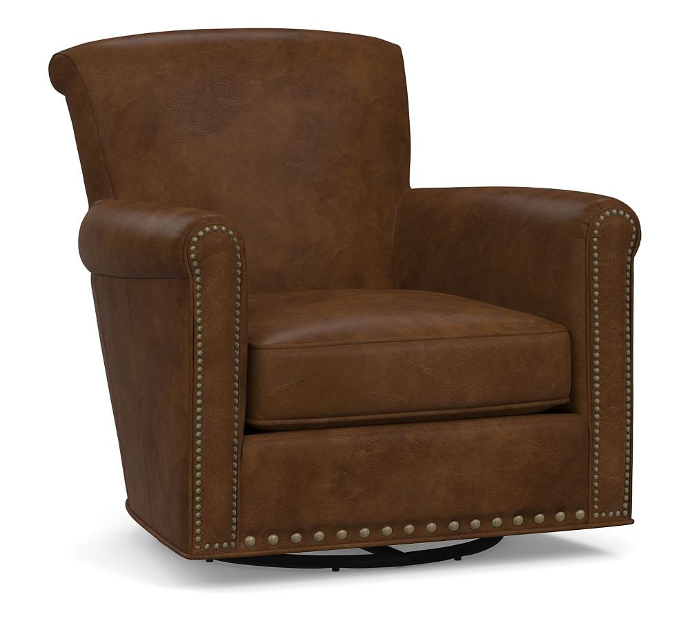 Irving Roll Arm Leather Swivel Glider, Bronze Nailheads, Polyester Wrapped Cushions, Vegan Chestnut - Image 0