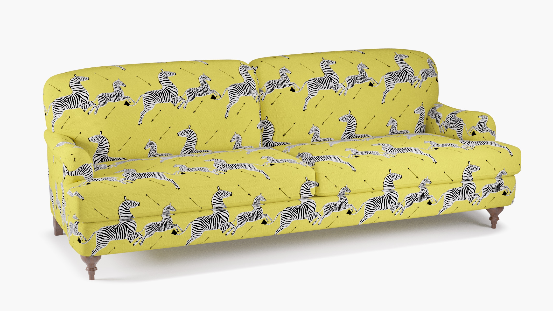 English Roll Arm Sofa, Yellow Zebra, Walnut Turned Wood Leg - Image 1