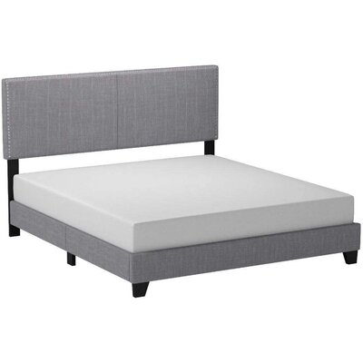 California King Bed With Padded Headboard And Nailhead Trim, Gray - Image 0