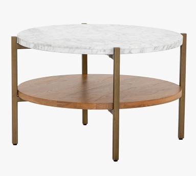 Modern Marble Round Coffee Table, Natural Oak & Golden Brass - Image 3
