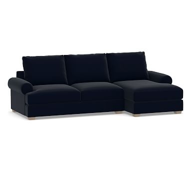 Canyon Roll Arm Upholstered Left Arm Loveseat with Chaise Sectional, Down Blend Wrapped Cushions, Performance Plush Velvet Navy - Image 0