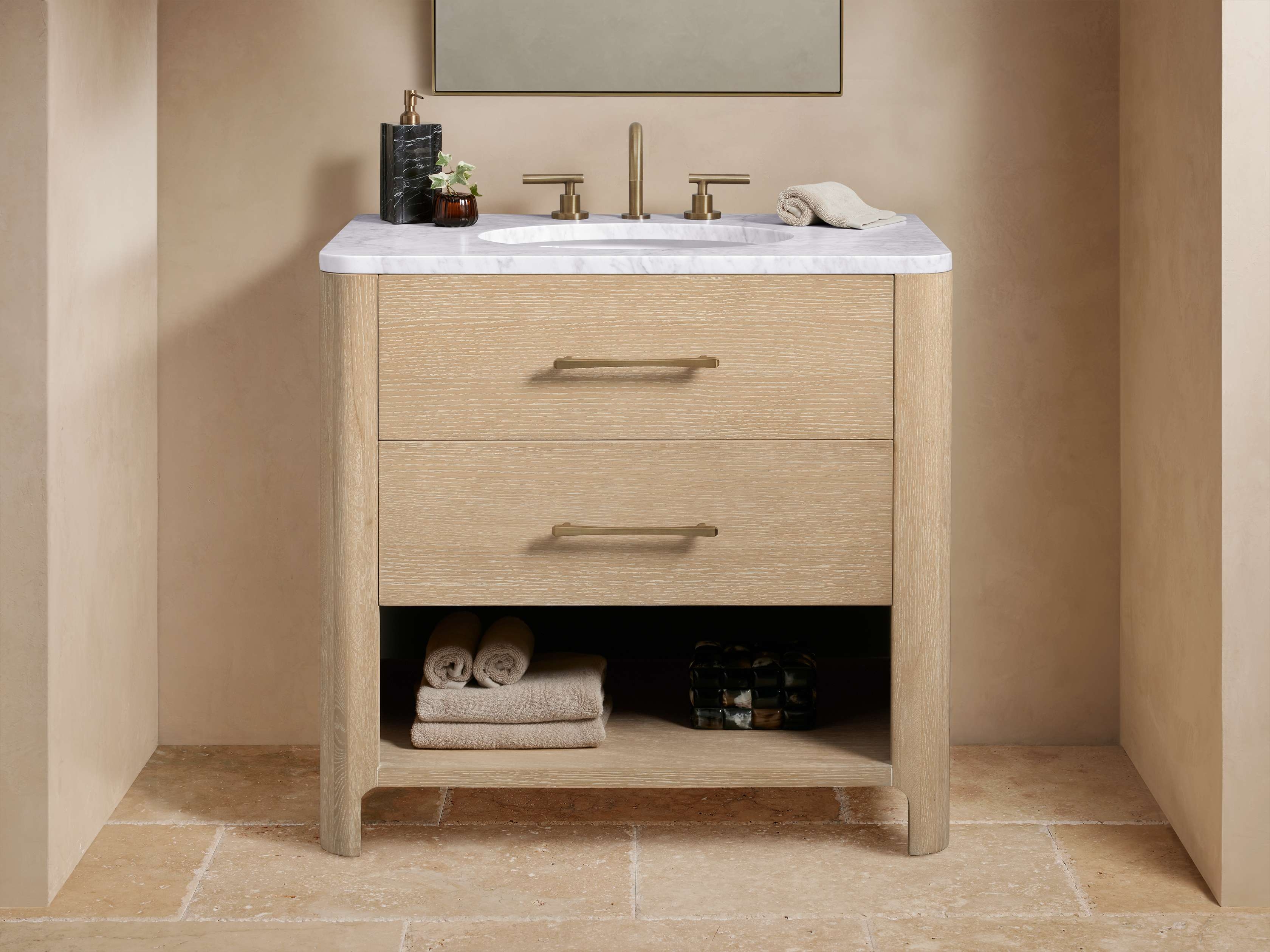 Calista Single Vanity in Wood Natural  Carrara/Sand Brass - Image 0