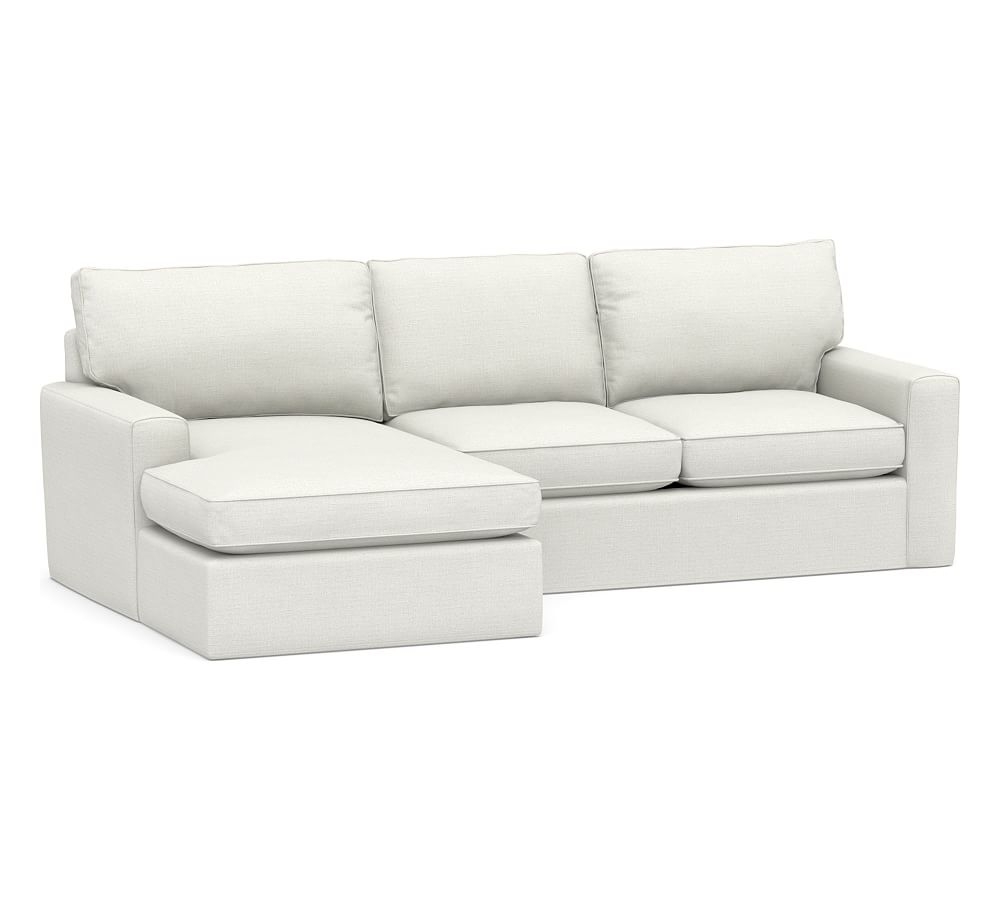 Pearce Square Arm Slipcovered Right Arm Loveseat with Wide Chaise Sectional, Down Blend Wrapped Cushions, Basketweave Slub Ivory - Image 0