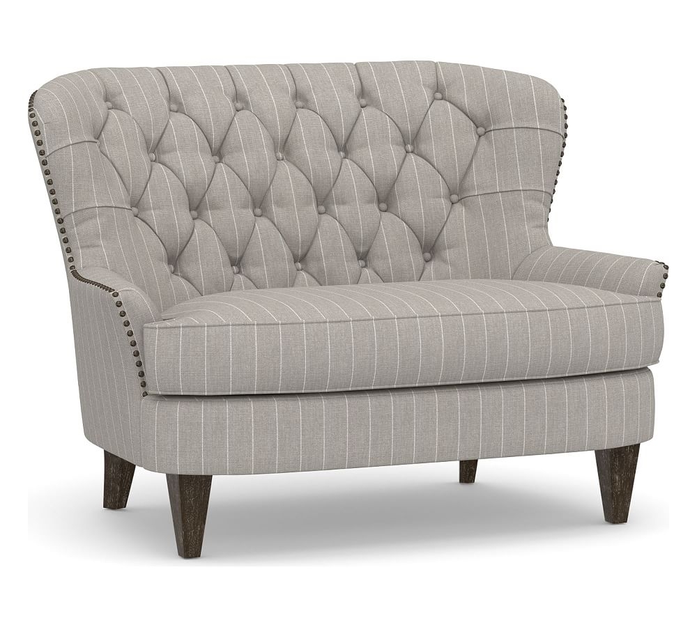 Cardiff Upholstered Settee, Polyester Wrapped Cushions, Sunbrella(R) Performance Harbor Stripe Gray - Image 0