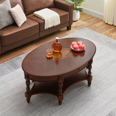 Solid Wood Coffee Table, Traditional Oval Cocktail Table With Storage Shelf - Image 0