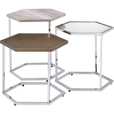 3 Piece Nesting Table With Hexagonal Shaped Metal Frame, Chrome - Image 0