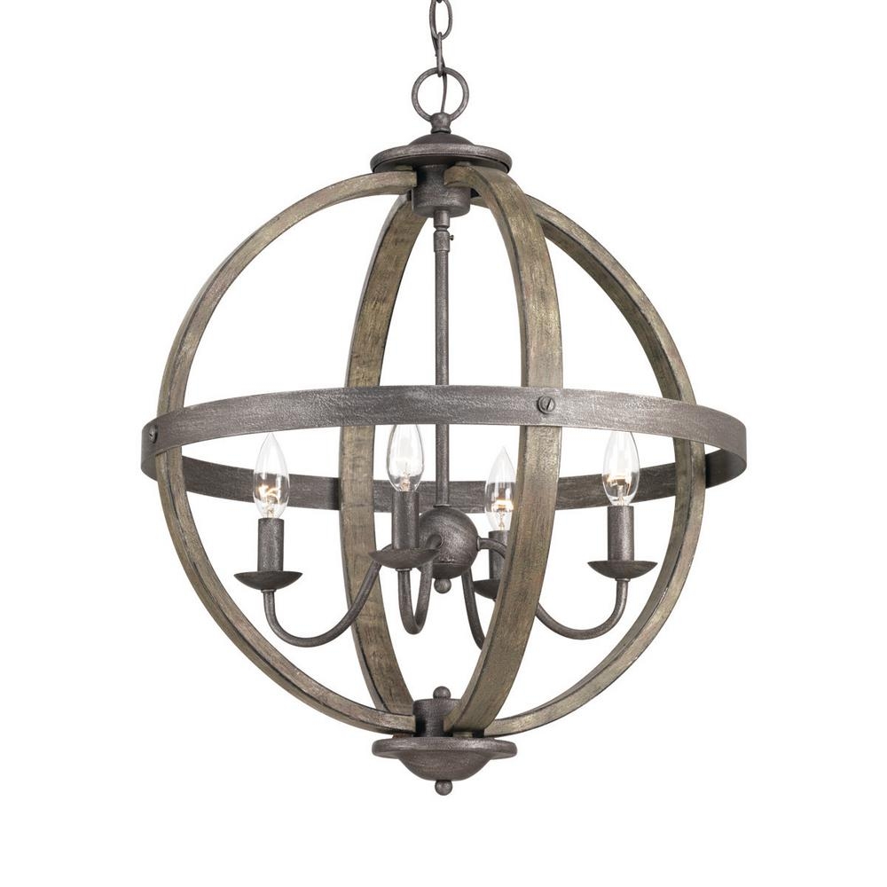Progress Lighting Keowee Collection 19.88 in. 4-Light Artisan Iron Orb Chandelier with Elm Wood Accents - Image 0