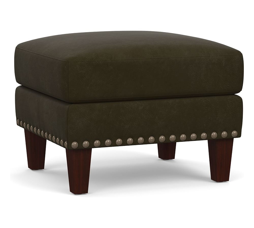 Harlow Leather Ottoman with Bronze Nailheads, Polyester Wrapped Cushions, Aviator Blackwood - Image 0
