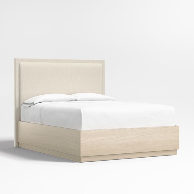 Meraux 56" Ivory Upholstered Queen Headboard with Batten White Oak Storage Bed Base - Image 0