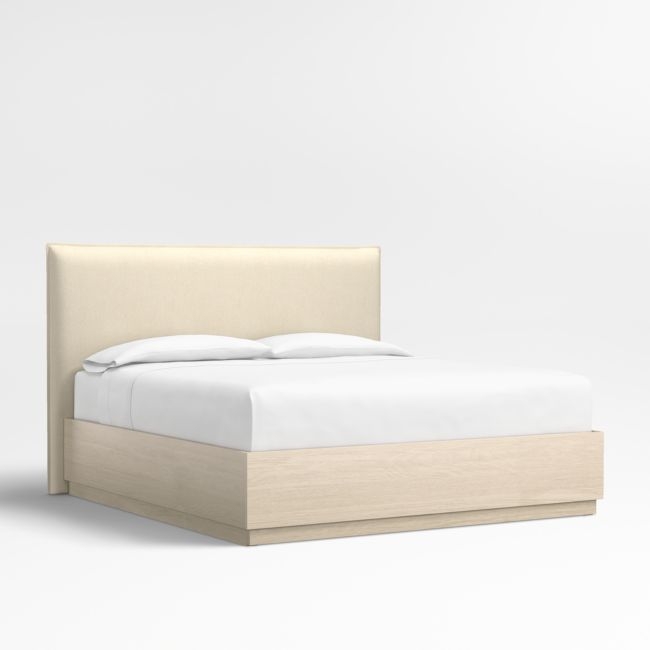 Arvada 54" Ivory Upholstered King Headboard with Batten White Oak Storage Bed Base - Image 0